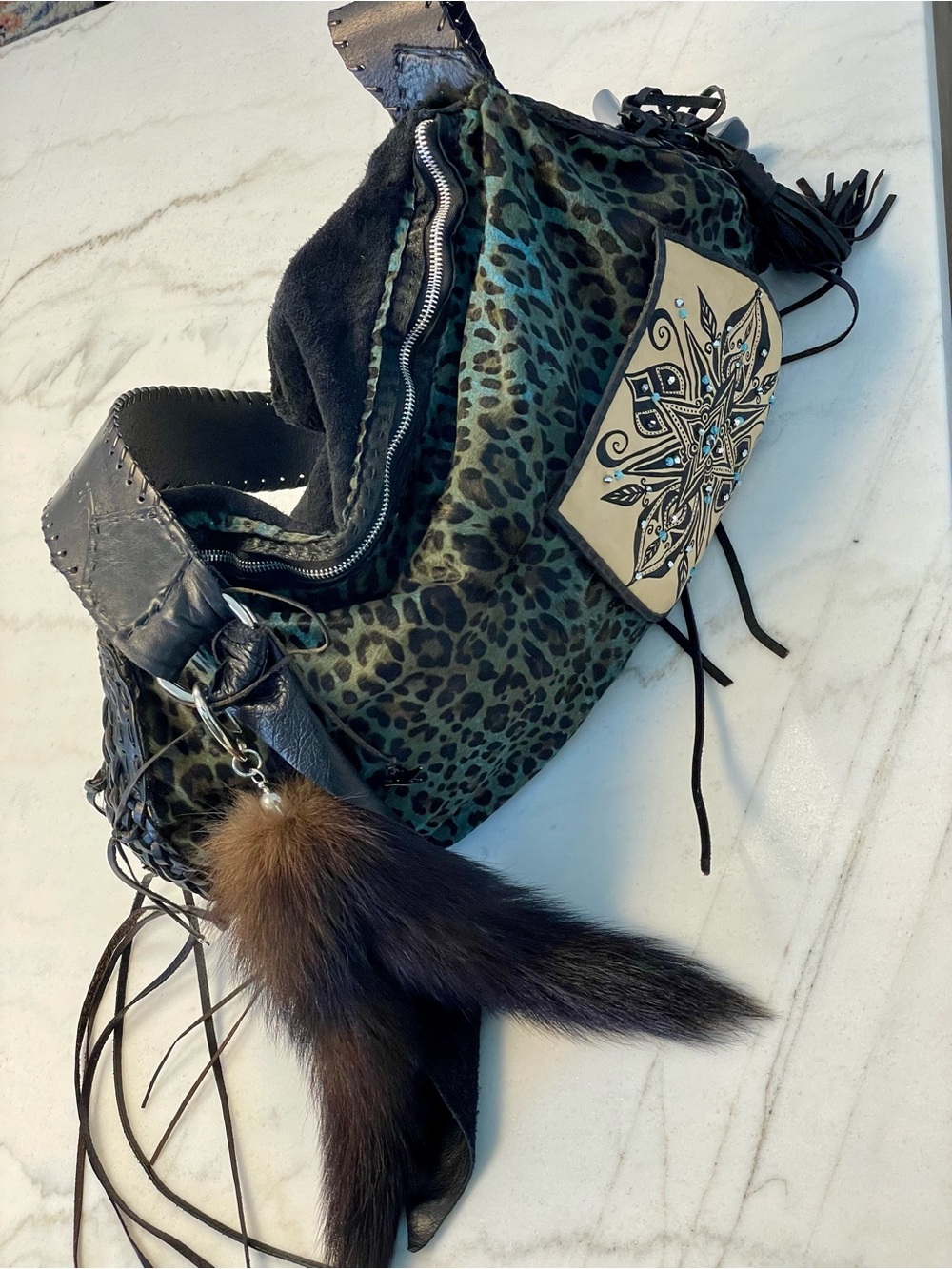 Handcrafted Teal Leopard Leather Shoulder Bag with Embossed Pocket - Picture 6 of 16